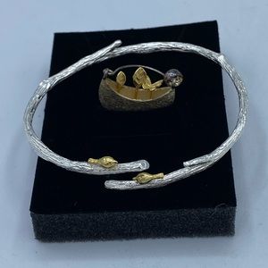 925 Sterling Silver Handmade birds on a branch Bangle and Garden Pot Pendant